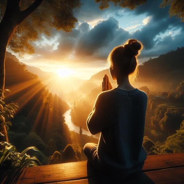 woman praying on mountain top facing sunrise