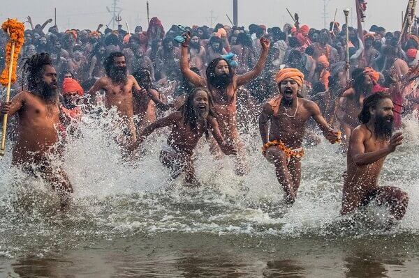Sadhus bathing at Kumbha Mela in North India