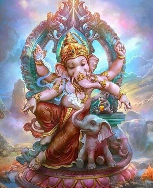 Ganesha image seated with small elephant in front of him and his vehicle, a small mouse or rat.